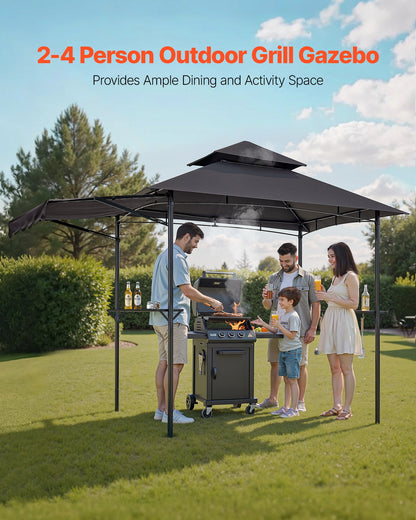 Grill Gazebo, 2.43 x 1.5 m Double-Tiered Top, BBQ Gazebo with Extra Awning, Powder-Coated Steel Patio Grill Shelter with 2 Side Shelves, Bottle Opener & Hooks, Outdoor Grilling Canopy for Garden