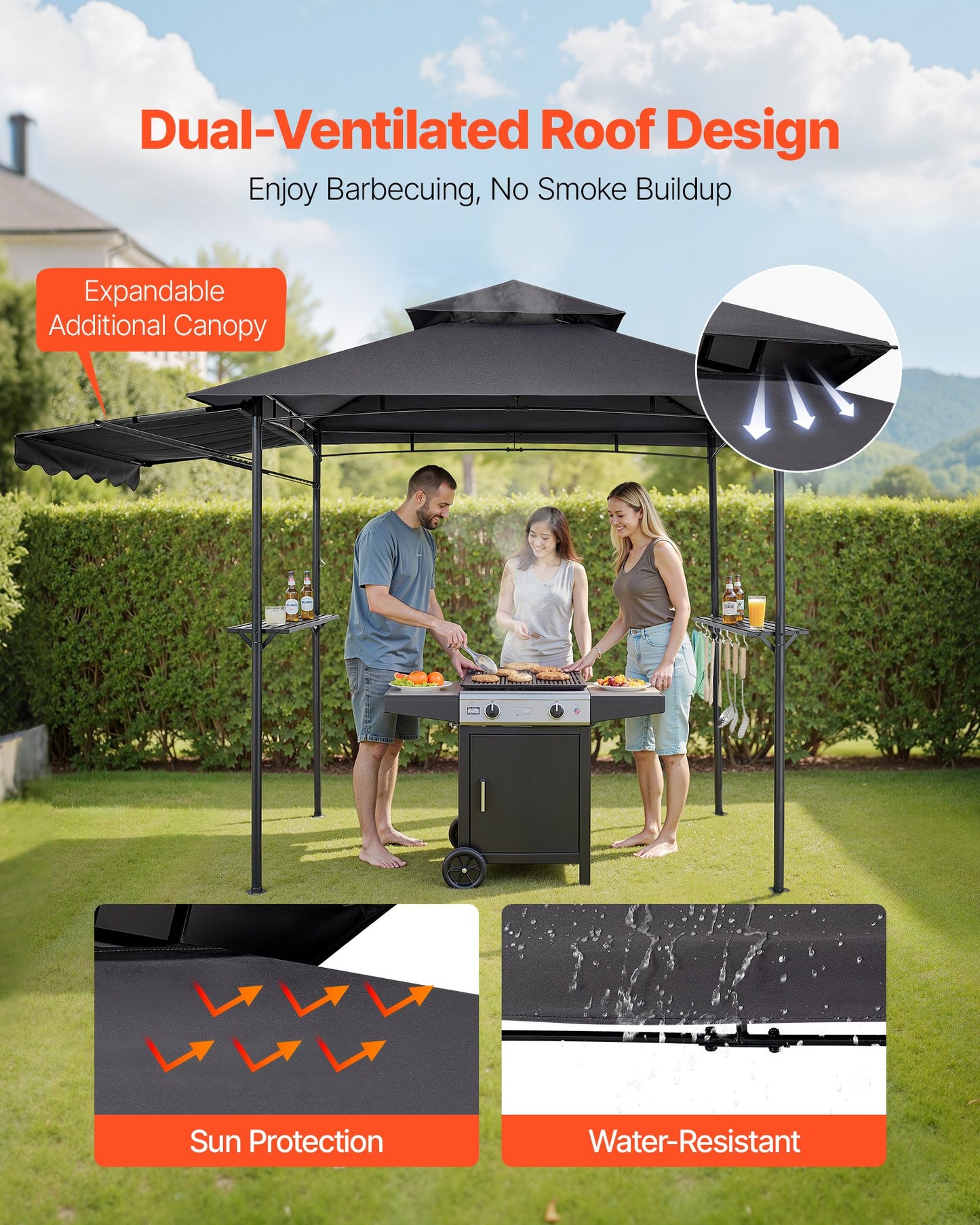 Grill Gazebo, 2.43 x 1.5 m Double-Tiered Top, BBQ Gazebo with Extra Awning, Powder-Coated Steel Patio Grill Shelter with 2 Side Shelves, Bottle Opener & Hooks, Outdoor Grilling Canopy for Garden