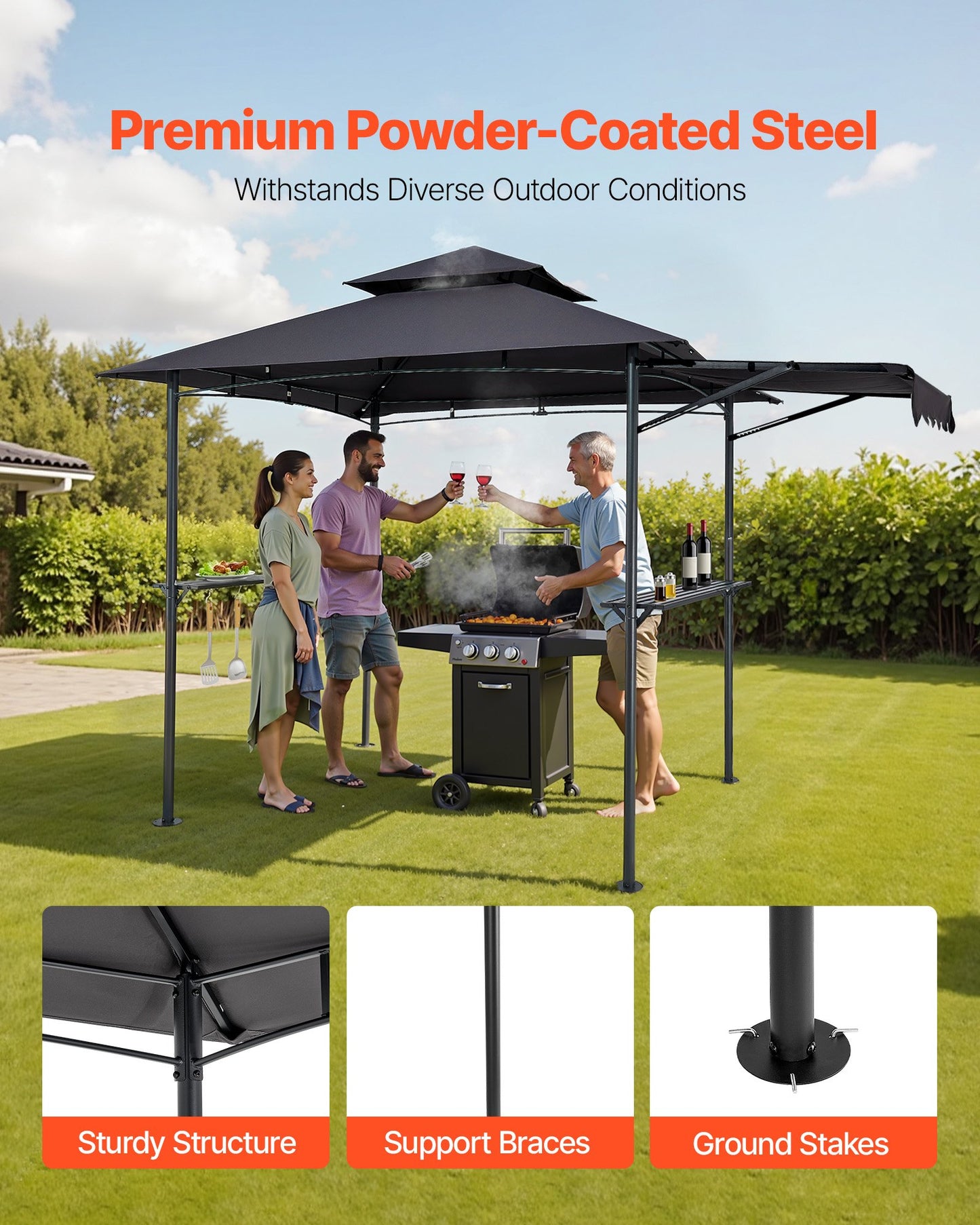 Grill Gazebo, 2.43 x 1.5 m Double-Tiered Top, BBQ Gazebo with Extra Awning, Powder-Coated Steel Patio Grill Shelter with 2 Side Shelves, Bottle Opener & Hooks, Outdoor Grilling Canopy for Garden