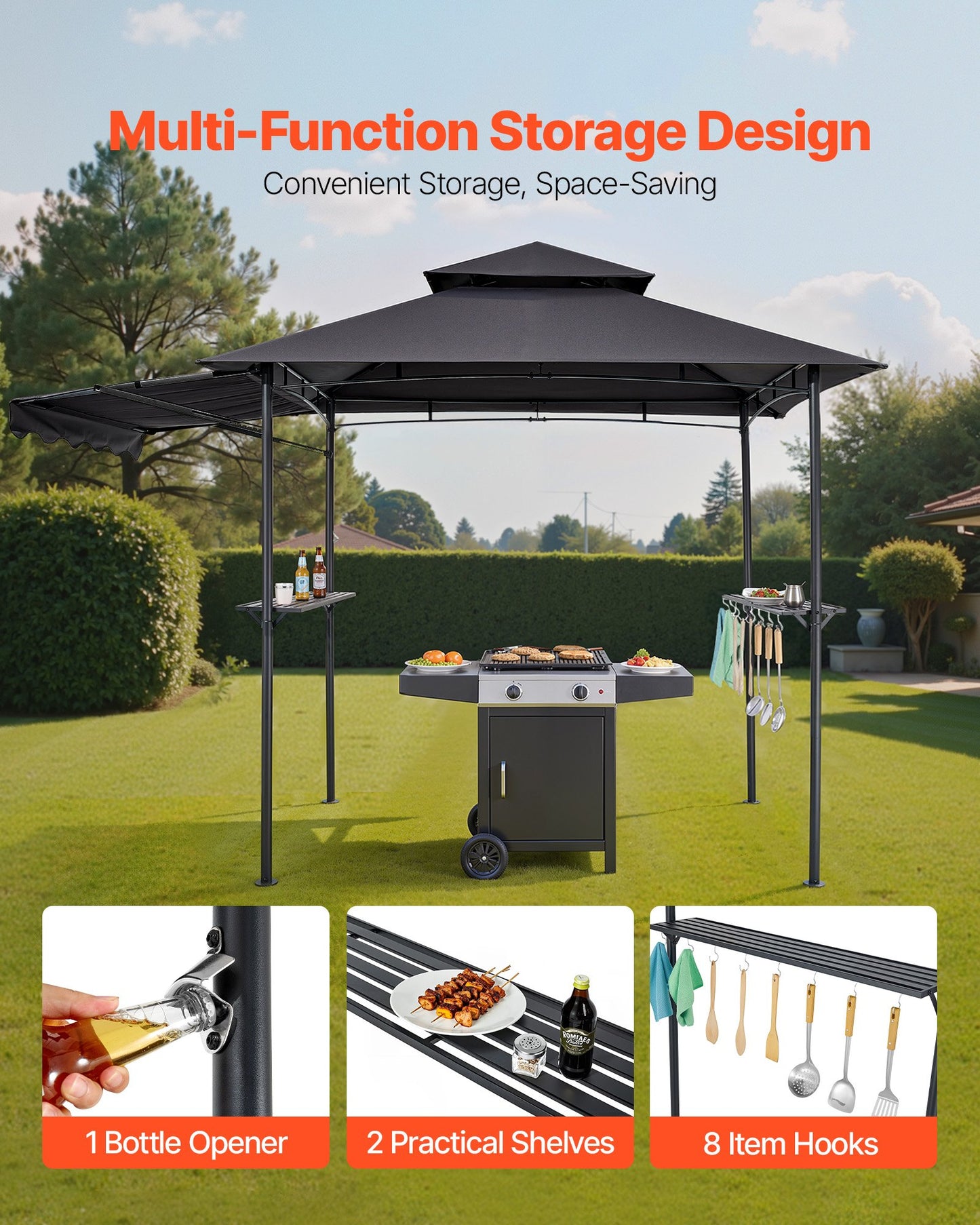 Grill Gazebo, 2.43 x 1.5 m Double-Tiered Top, BBQ Gazebo with Extra Awning, Powder-Coated Steel Patio Grill Shelter with 2 Side Shelves, Bottle Opener & Hooks, Outdoor Grilling Canopy for Garden