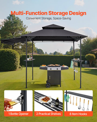 Grill Gazebo, 2.43 x 1.5 m Double-Tiered Top, BBQ Gazebo with Extra Awning, Powder-Coated Steel Patio Grill Shelter with 2 Side Shelves, Bottle Opener & Hooks, Outdoor Grilling Canopy for Garden