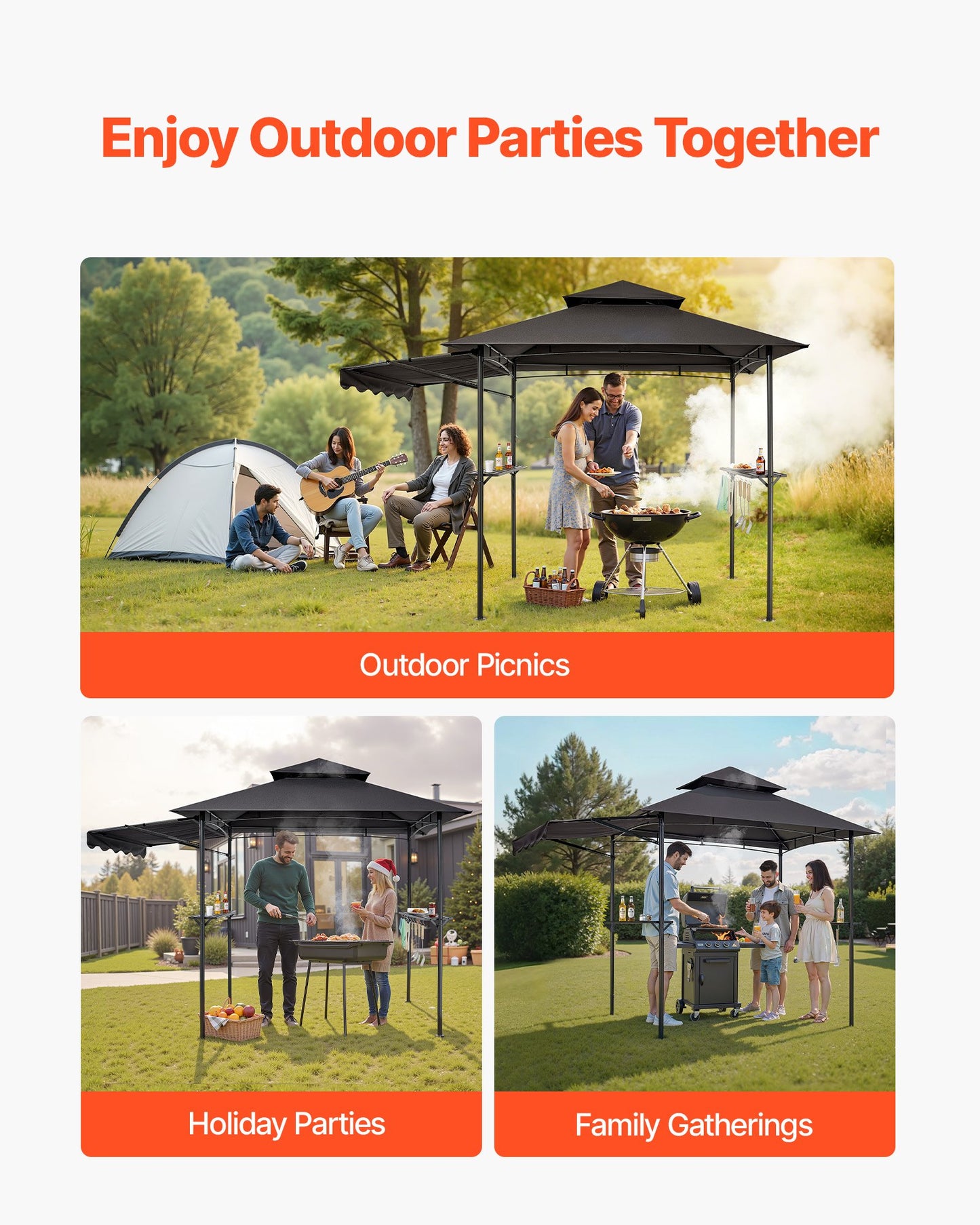 Grill Gazebo, 2.43 x 1.5 m Double-Tiered Top, BBQ Gazebo with Extra Awning, Powder-Coated Steel Patio Grill Shelter with 2 Side Shelves, Bottle Opener & Hooks, Outdoor Grilling Canopy for Garden