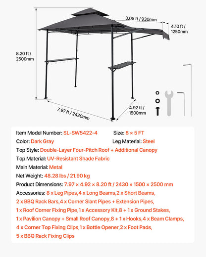 Grill Gazebo, 2.43 x 1.5 m Double-Tiered Top, BBQ Gazebo with Extra Awning, Powder-Coated Steel Patio Grill Shelter with 2 Side Shelves, Bottle Opener & Hooks, Outdoor Grilling Canopy for Garden