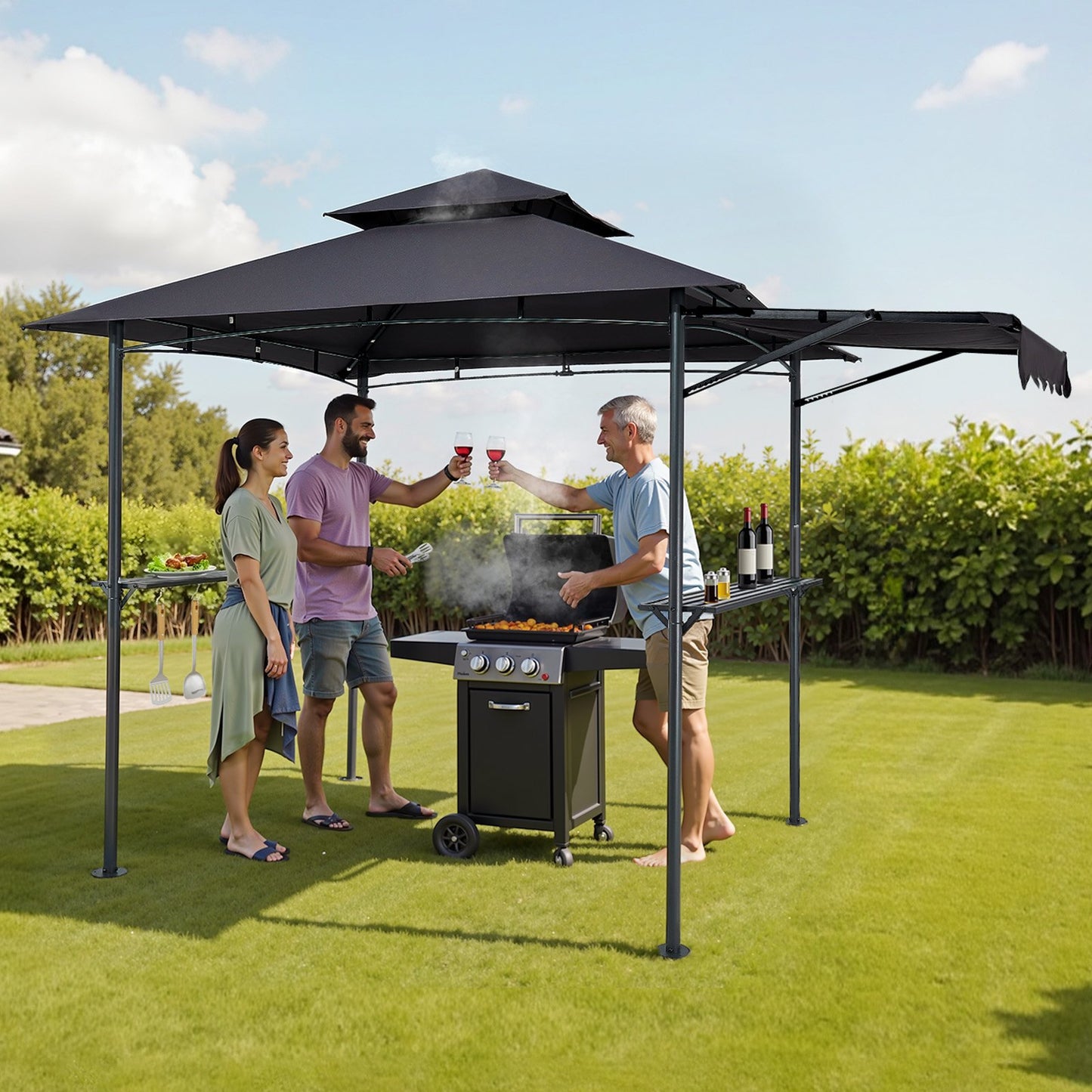 Grill Gazebo, 2.43 x 1.5 m Double-Tiered Top, BBQ Gazebo with Extra Awning, Powder-Coated Steel Patio Grill Shelter with 2 Side Shelves, Bottle Opener & Hooks, Outdoor Grilling Canopy for Garden