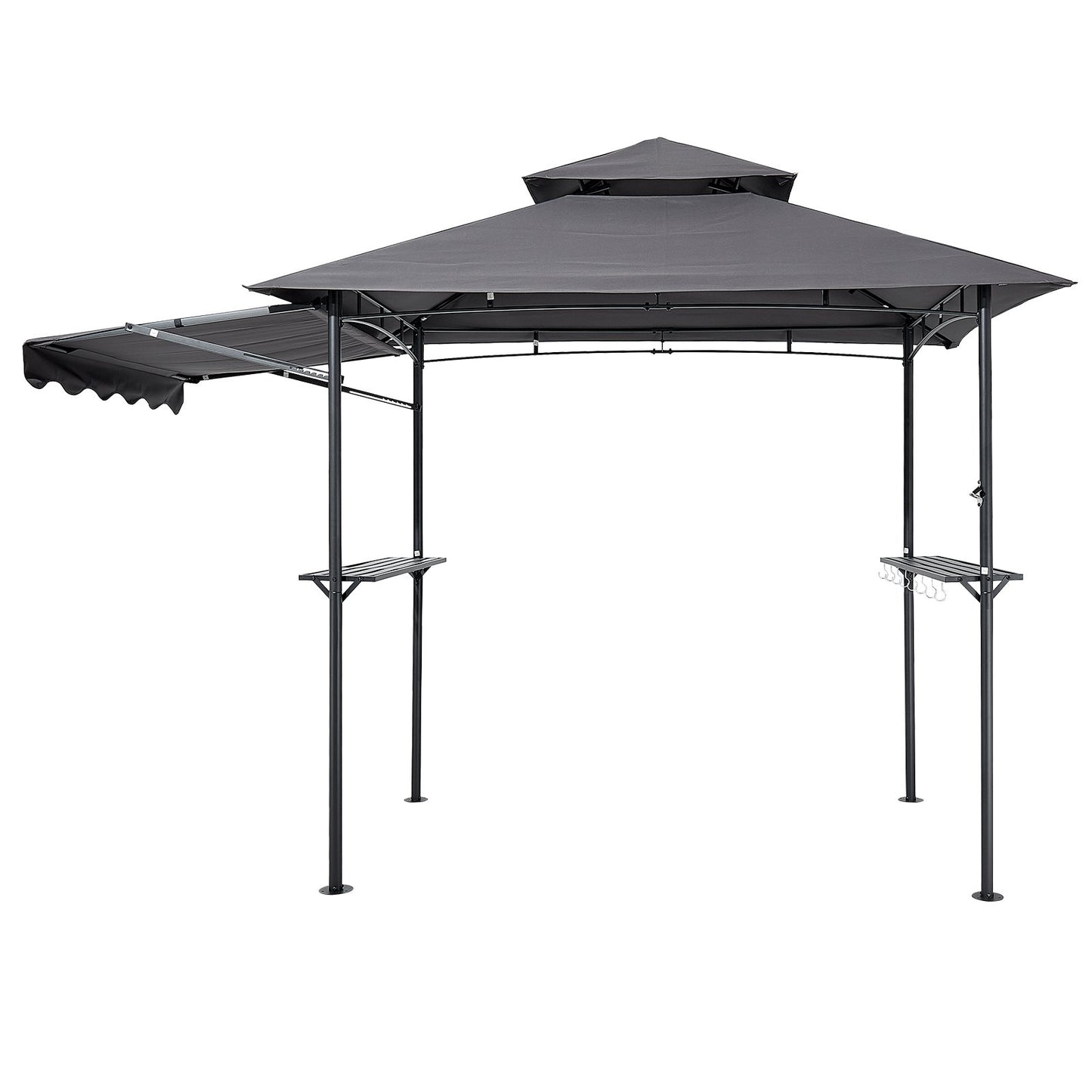 Grill Gazebo, 2.43 x 1.5 m Double-Tiered Top, BBQ Gazebo with Extra Awning, Powder-Coated Steel Patio Grill Shelter with 2 Side Shelves, Bottle Opener & Hooks, Outdoor Grilling Canopy for Garden