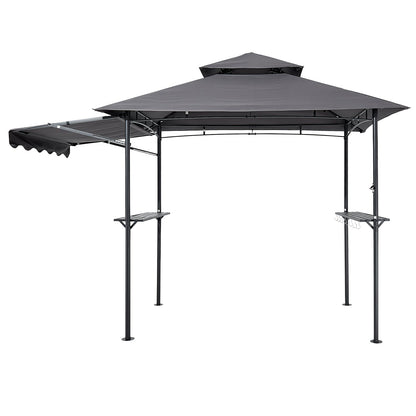 Grill Gazebo, 2.43 x 1.5 m Double-Tiered Top, BBQ Gazebo with Extra Awning, Powder-Coated Steel Patio Grill Shelter with 2 Side Shelves, Bottle Opener & Hooks, Outdoor Grilling Canopy for Garden