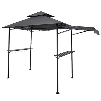 Grill Gazebo, 2.43 x 1.5 m Double-Tiered Top, BBQ Gazebo with Extra Awning, Powder-Coated Steel Patio Grill Shelter with 2 Side Shelves, Bottle Opener & Hooks, Outdoor Grilling Canopy for Garden