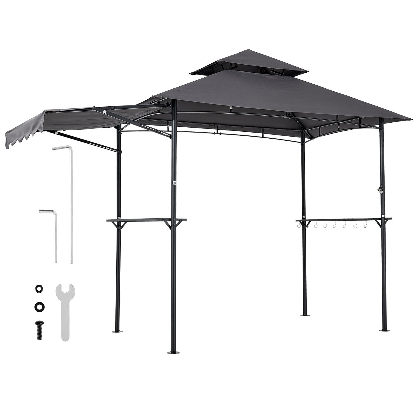 Grill Gazebo, 2.43 x 1.5 m Double-Tiered Top, BBQ Gazebo with Extra Awning, Powder-Coated Steel Patio Grill Shelter with 2 Side Shelves, Bottle Opener & Hooks, Outdoor Grilling Canopy for Garden