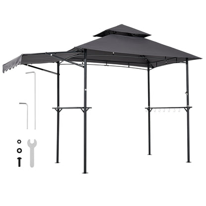 Grill Gazebo, 2.43 x 1.5 m Double-Tiered Top, BBQ Gazebo with Extra Awning, Powder-Coated Steel Patio Grill Shelter with 2 Side Shelves, Bottle Opener & Hooks, Outdoor Grilling Canopy for Garden