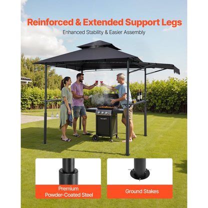 2.4x1.5 m Reinforced BBQ Grill Gazebo with Shelf & Awning Double Tier Top