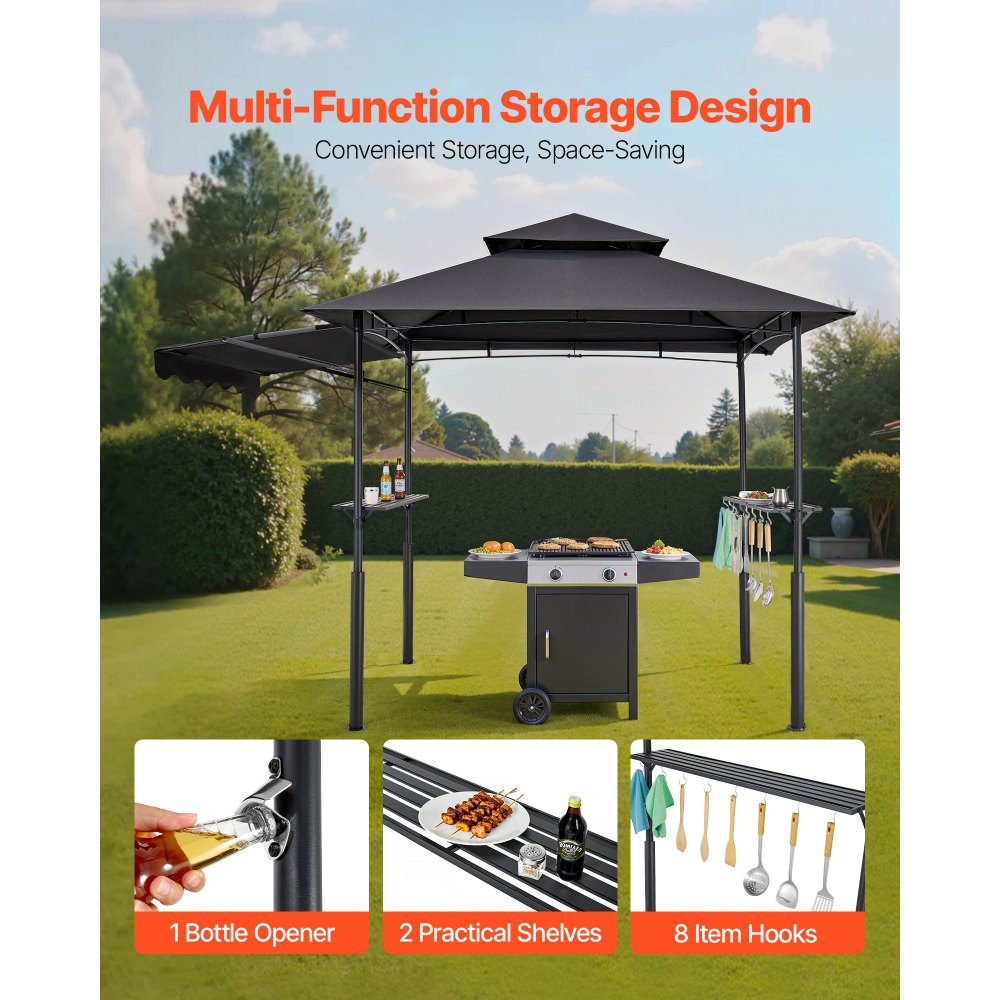 2.4x1.5 m Reinforced BBQ Grill Gazebo with Shelf & Awning Double Tier Top
