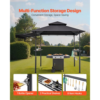 2.4x1.5 m Reinforced BBQ Grill Gazebo with Shelf & Awning Double Tier Top