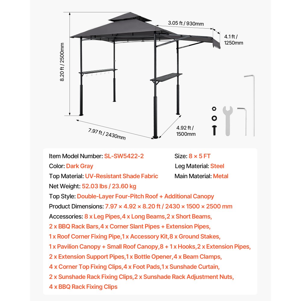 2.4x1.5 m Reinforced BBQ Grill Gazebo with Shelf & Awning Double Tier Top