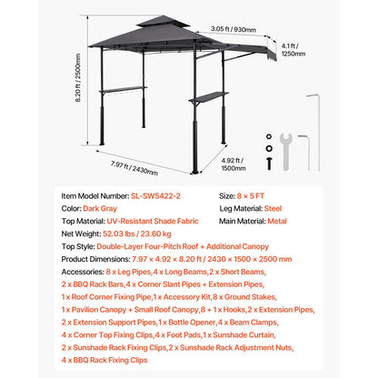2.4x1.5 m Reinforced BBQ Grill Gazebo with Shelf & Awning Double Tier Top