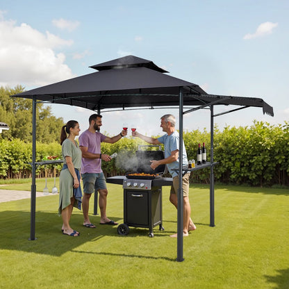 2.4x1.5 m Reinforced BBQ Grill Gazebo with Shelf & Awning Double Tier Top