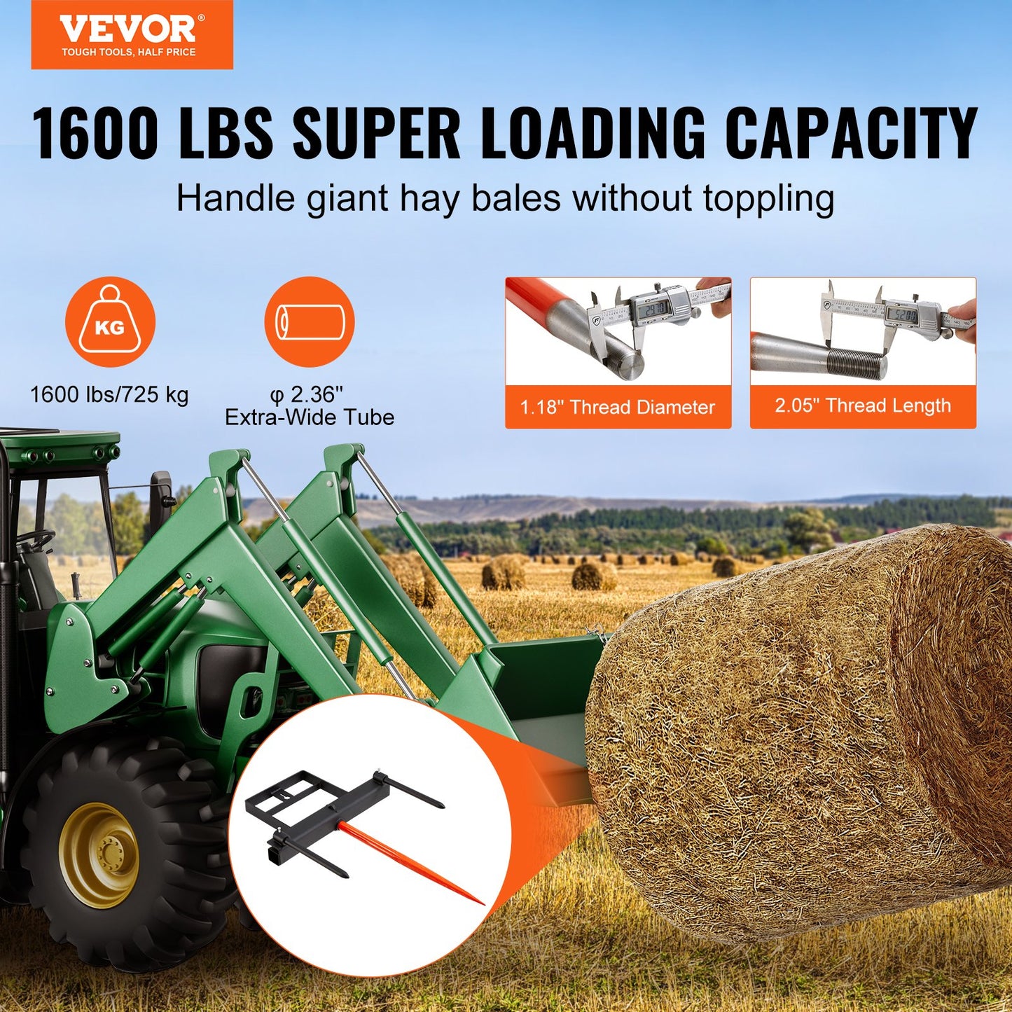 VEVOR 39" Hay Spear, Bale Spears 726kg Loading Capacity, Skid Steer Loader Tractor