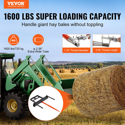 VEVOR 39" Hay Spear, Bale Spears 726kg Loading Capacity, Skid Steer Loader Tractor