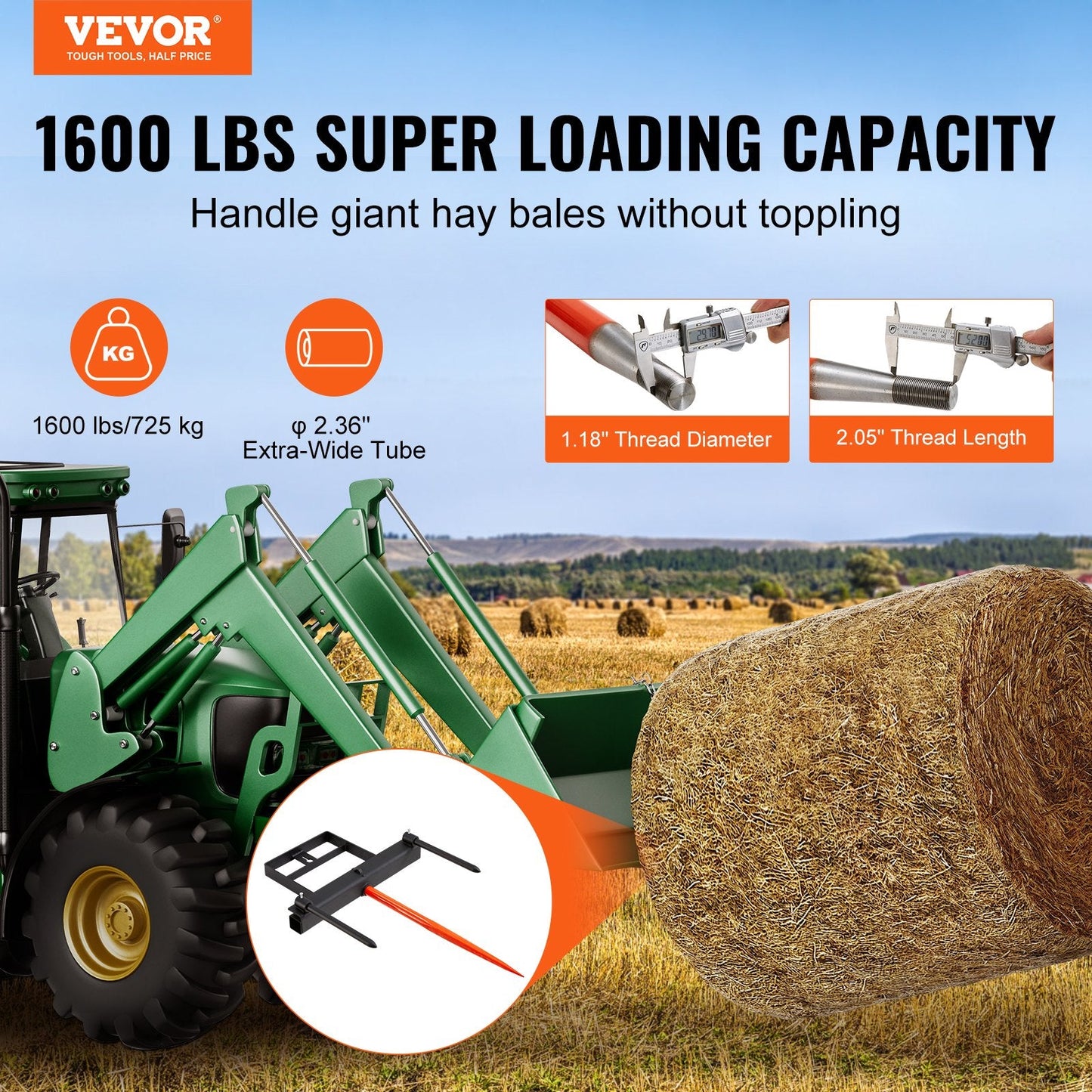 Heavy-Duty 1m Hay Spear with Stabilizers & Chain for Skid Steer Tractor