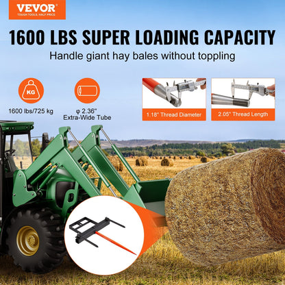 Heavy-Duty 1m Hay Spear with Stabilizers & Chain for Skid Steer Tractor