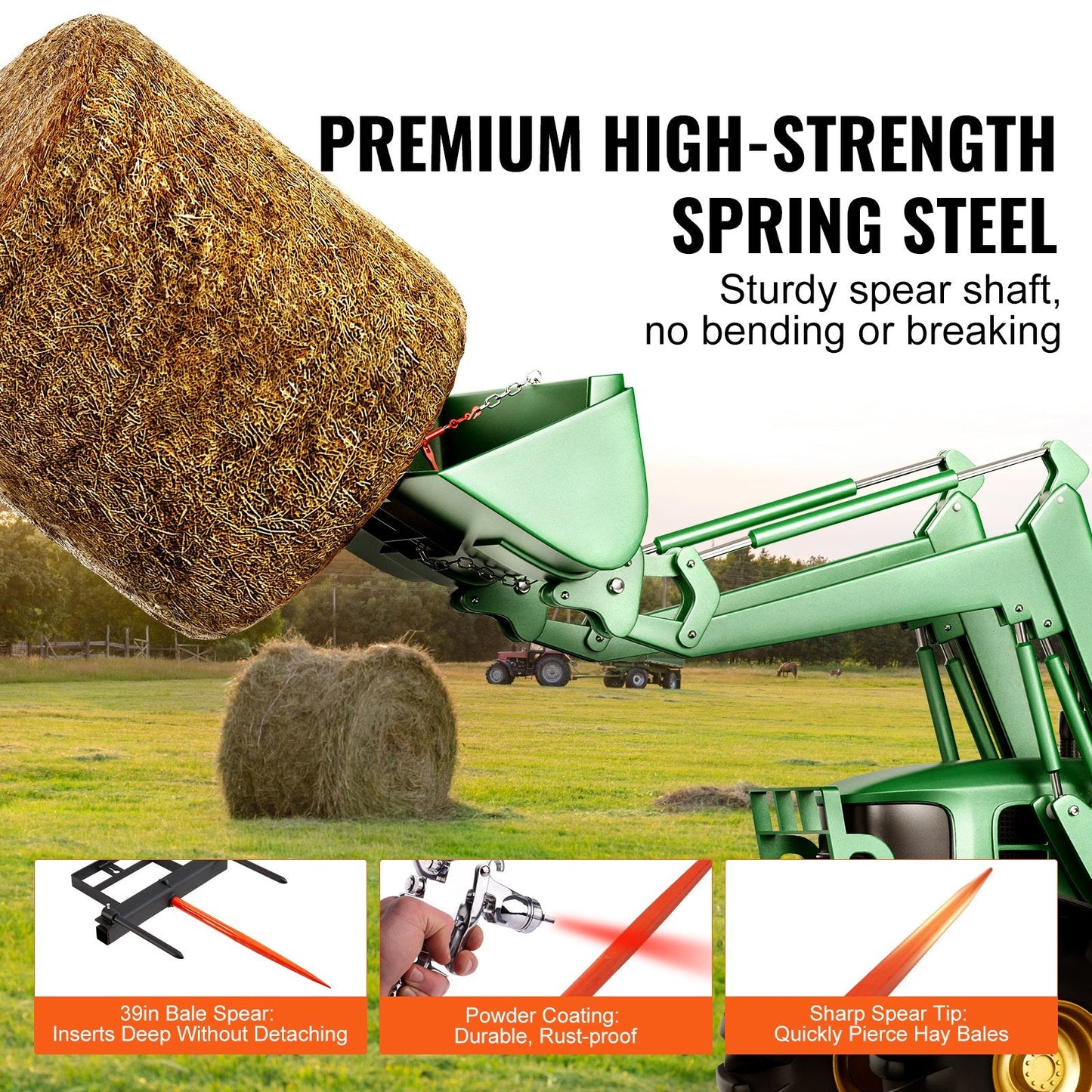 Heavy-Duty 1m Hay Spear with Stabilizers & Chain for Skid Steer Tractor