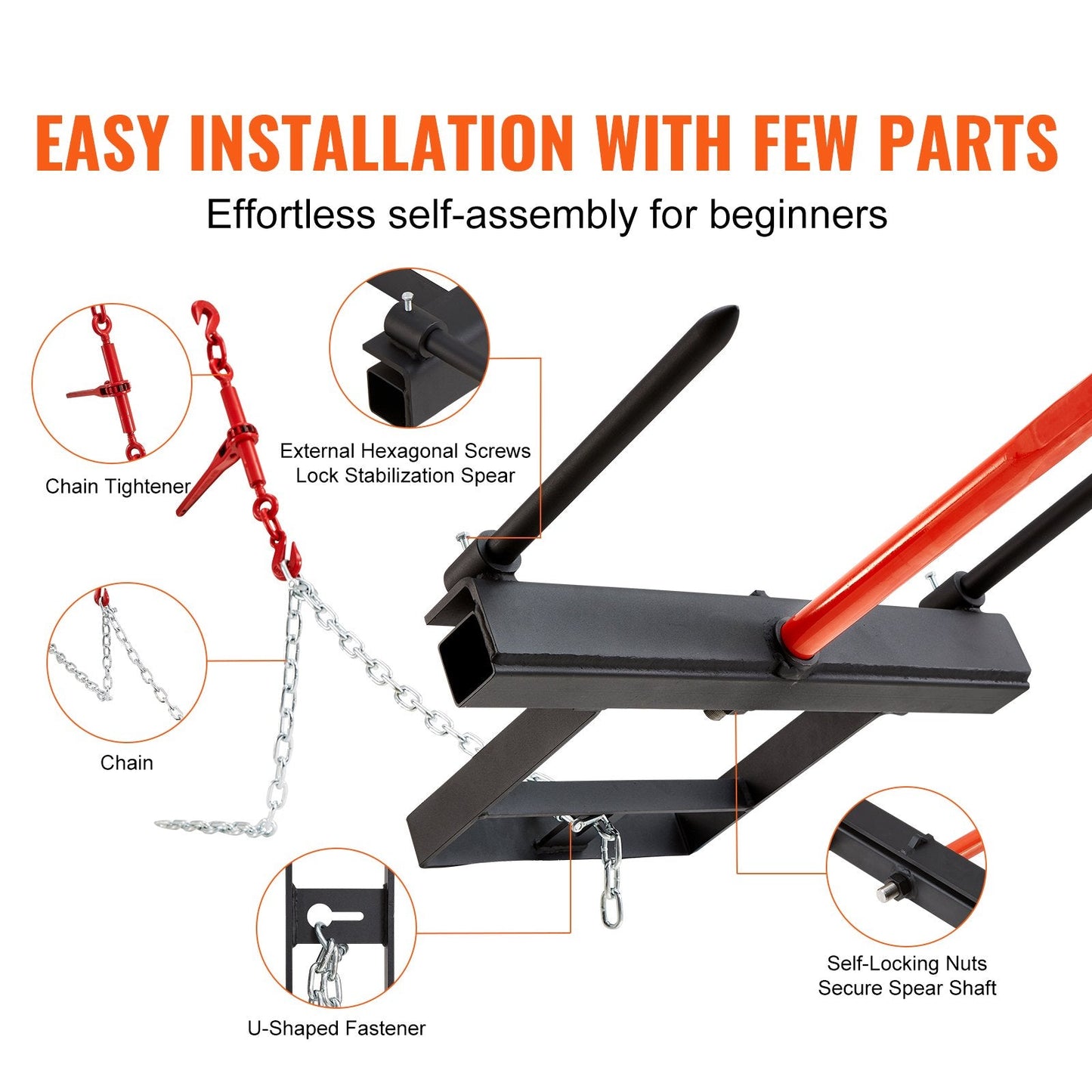 Heavy-Duty 1m Hay Spear with Stabilizers & Chain for Skid Steer Tractor