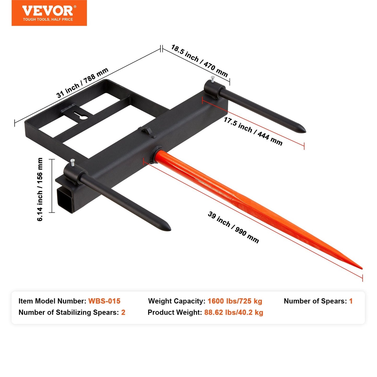 Heavy-Duty 1m Hay Spear with Stabilizers & Chain for Skid Steer Tractor