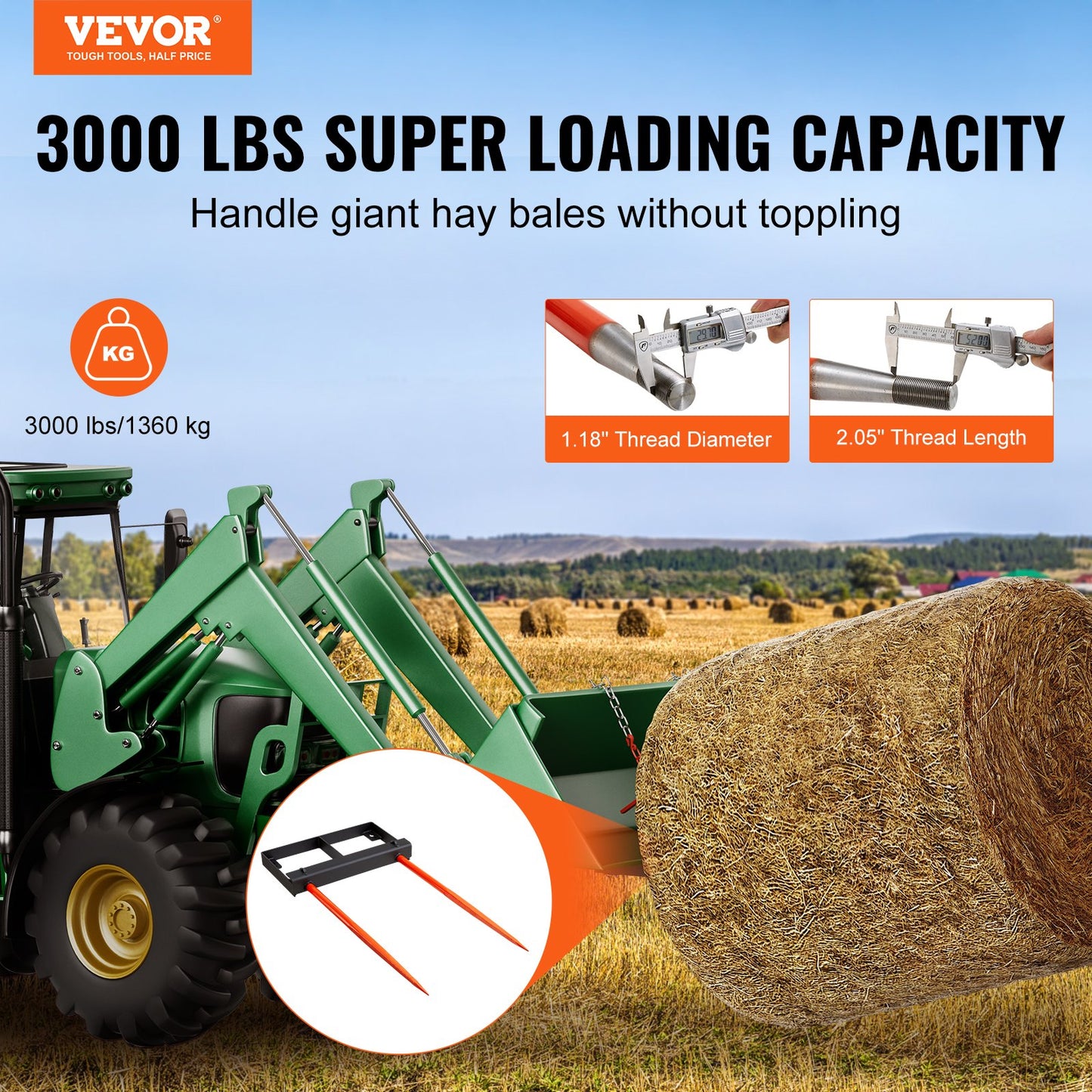 VEVOR 49" Hay Spear, Bale Spears 1360kg Loading Capacity, Skid Steer Loader Tractor