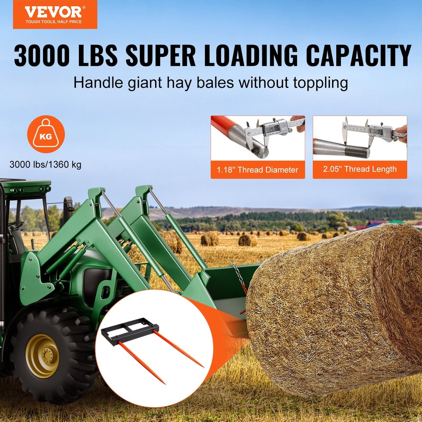 49" Hay Bale Spear Attachment, 1360kg Capacity, Skid Steer & Tractor Compatible