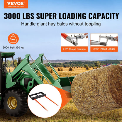 49" Hay Bale Spear Attachment, 1360kg Capacity, Skid Steer & Tractor Compatible