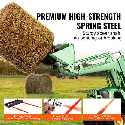 VEVOR 49" Hay Spear, Bale Spears 1360kg Loading Capacity, Skid Steer Loader Tractor