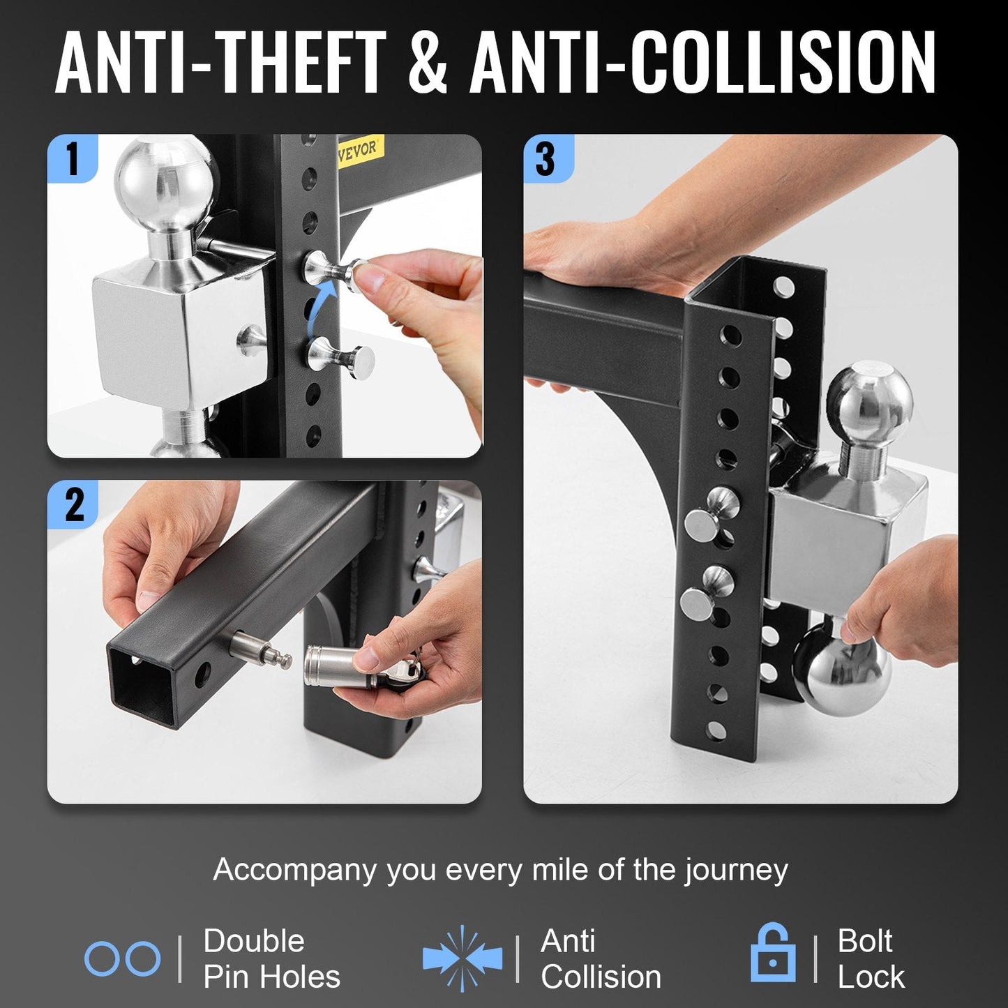 Adjustable Trailer Hitch with 0.15m Rise & Drop, 10,000 kg Capacity, Anti-Theft Design