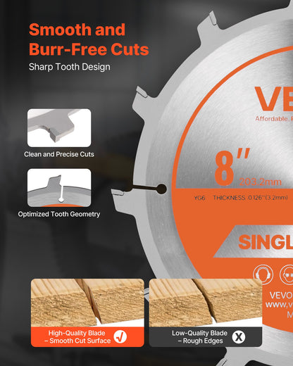 Dado Blade Set, 203 mm Diameter, 12 Sharp Alloy Teeth, 15.875 mm Arbor, Fine Finish, Stacking Dado Blades with Chippers and Shims, Noise-Reducing Heat Vents, for Cutting Plywood, OSB, Hardwood