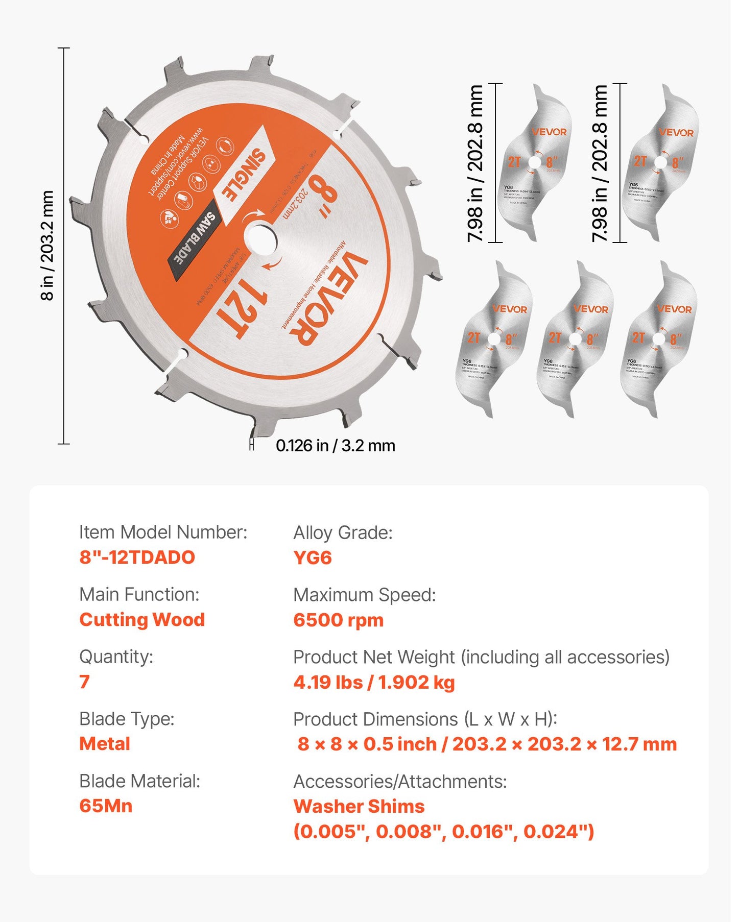 Dado Blade Set, 203 mm Diameter, 12 Sharp Alloy Teeth, 15.875 mm Arbor, Fine Finish, Stacking Dado Blades with Chippers and Shims, Noise-Reducing Heat Vents, for Cutting Plywood, OSB, Hardwood