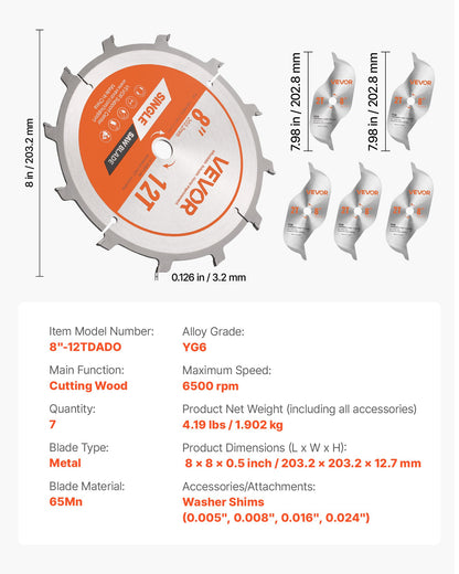 Dado Blade Set, 203 mm Diameter, 12 Sharp Alloy Teeth, 15.875 mm Arbor, Fine Finish, Stacking Dado Blades with Chippers and Shims, Noise-Reducing Heat Vents, for Cutting Plywood, OSB, Hardwood