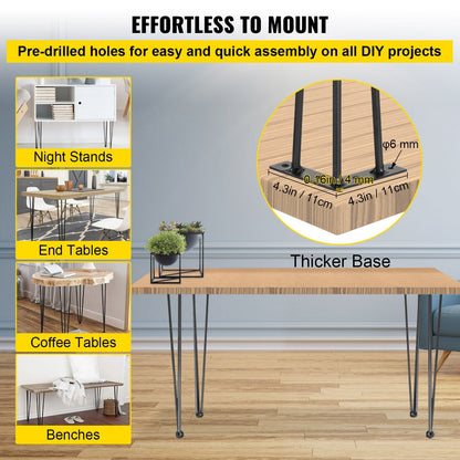 16 cm Hairpin Table Legs, Set of 4, Heavy Duty Carbon Steel with Accessories