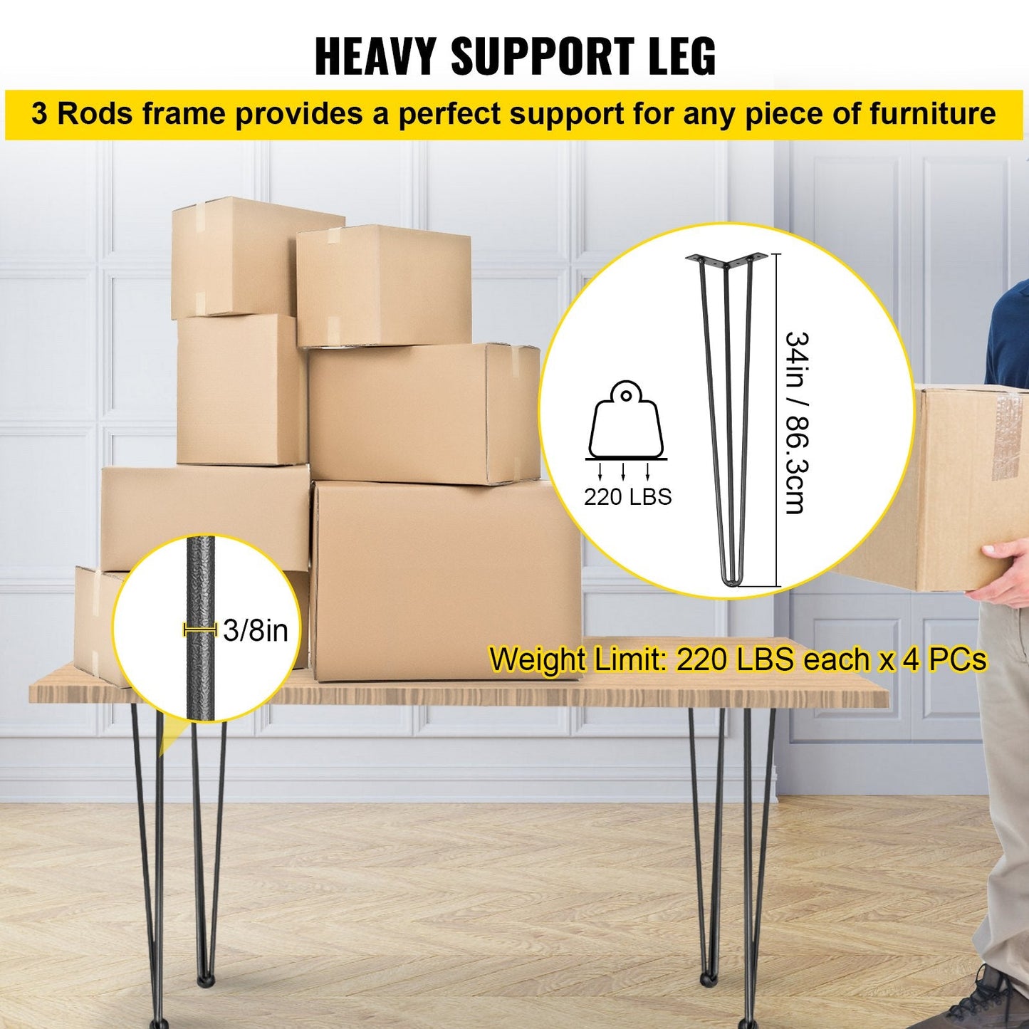 Heavy Duty 0.86m Hairpin Table Legs, Set of 4 with 3 Rods and Accessories