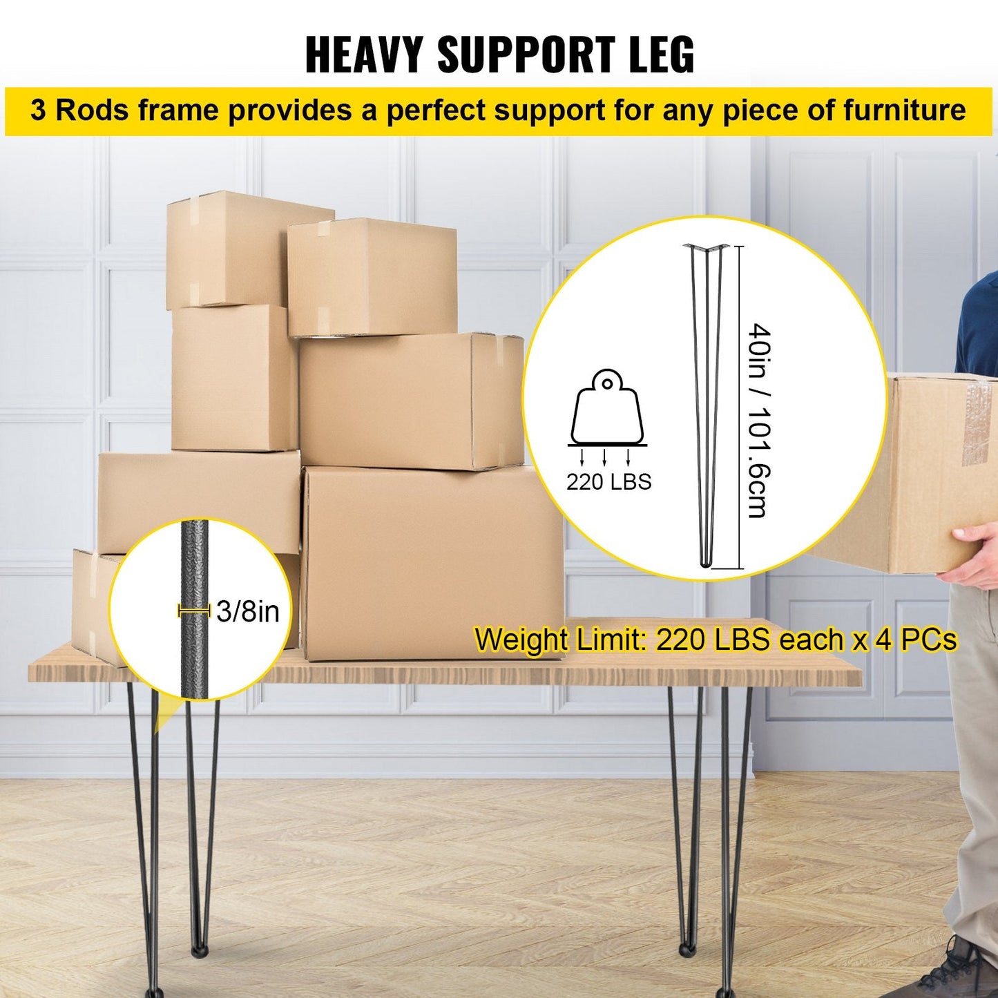 Heavy Duty 3-Rod Hairpin Table Legs, Set of 4, 1 Meter Height, 100 kg Capacity