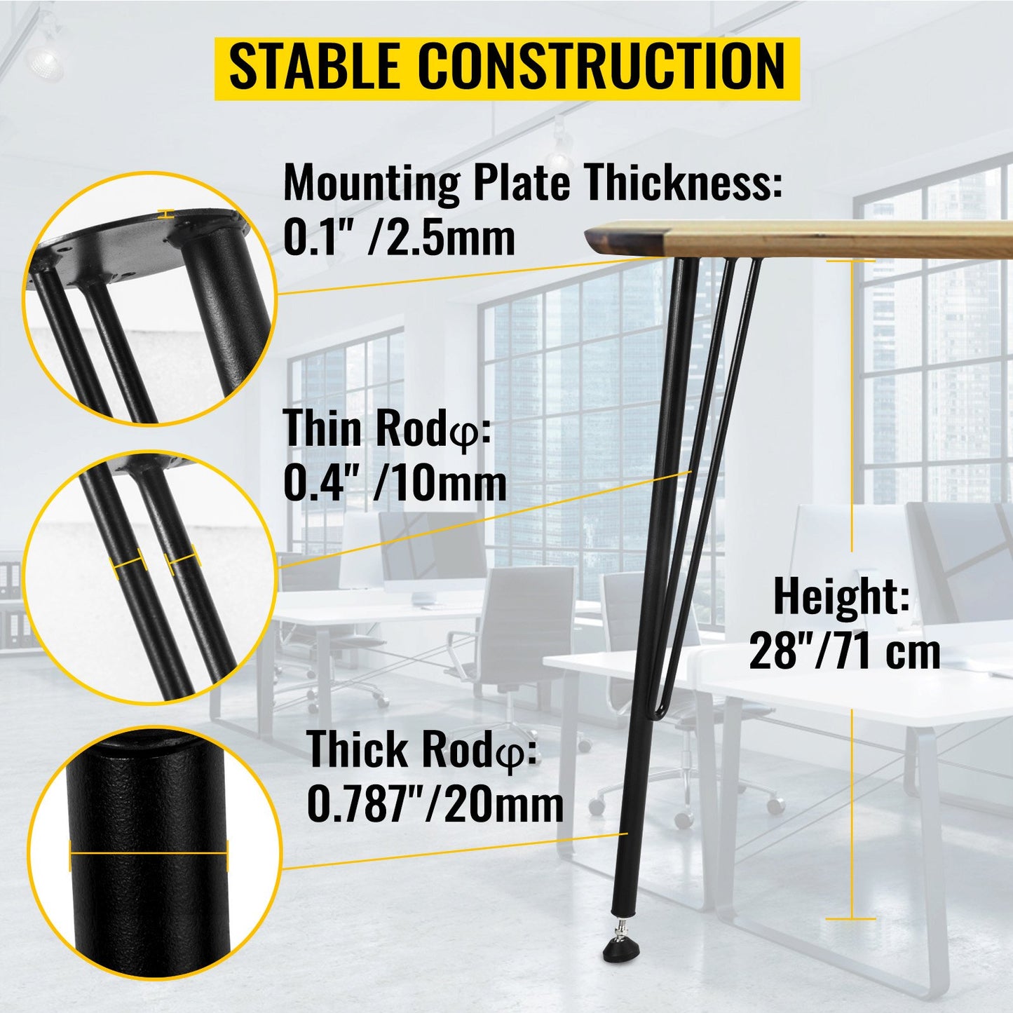 VEVOR Hairpin Table Legs Metal Coffee Table Legs Desk 28" Height 3-Rod Set of 4