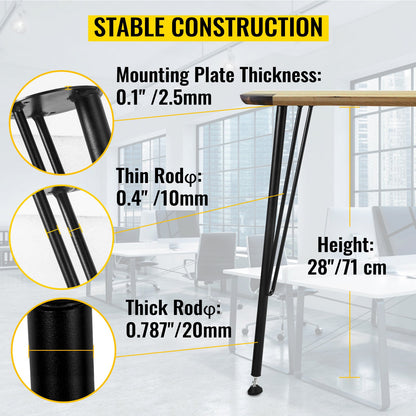VEVOR Hairpin Table Legs Metal Coffee Table Legs Desk 28" Height 3-Rod Set of 4