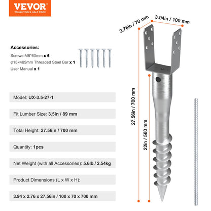 VEVOR No Dig Ground Anchor 1 Pack 3.94 x 2.76 x 27.56 in DIY Screw in Post Stake
