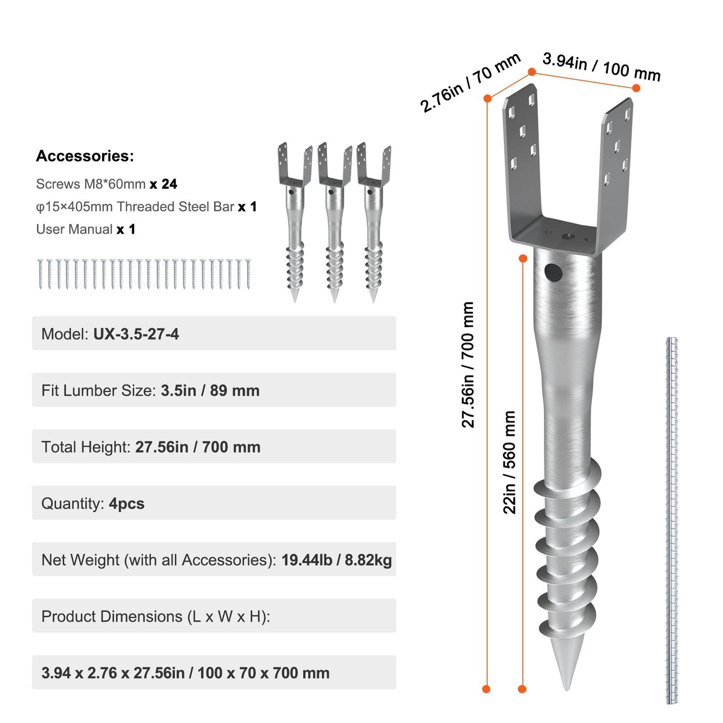 VEVOR No Dig Ground Anchor 4 Pack 3.94 x 2.76 x 27.56 in DIY Screw in Post Stake