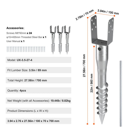 VEVOR No Dig Ground Anchor 4 Pack 3.94 x 2.76 x 27.56 in DIY Screw in Post Stake