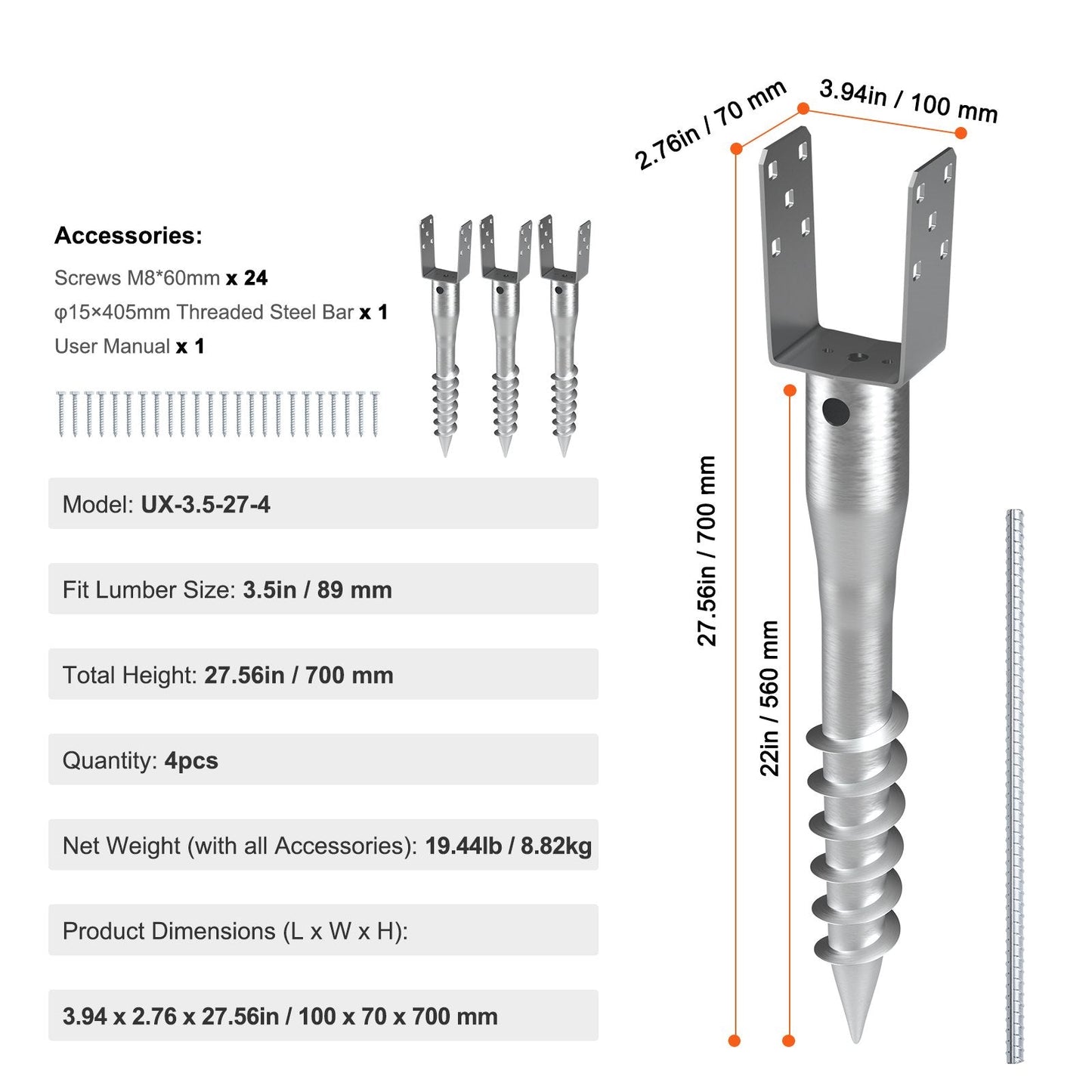 No-Dig Ground Anchors 4-Pack, Steel Screw Stakes, 100x70x700 mm, 8.82 kg Total