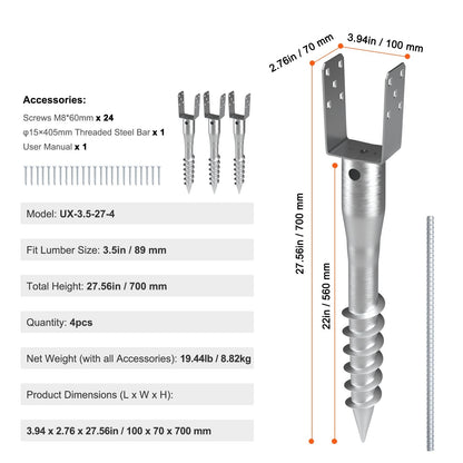 No-Dig Ground Anchors 4-Pack, Steel Screw Stakes, 100x70x700 mm, 8.82 kg Total