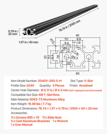5PCS 2040 Aluminum Extrusion Profile, 78.74 Inch 2000 mm, V Slot European Standard Anodized Linear Rail, High-Strength Extruded Aluminum Rail, for 3D Printer Parts and CNC DIY Workbench, Black