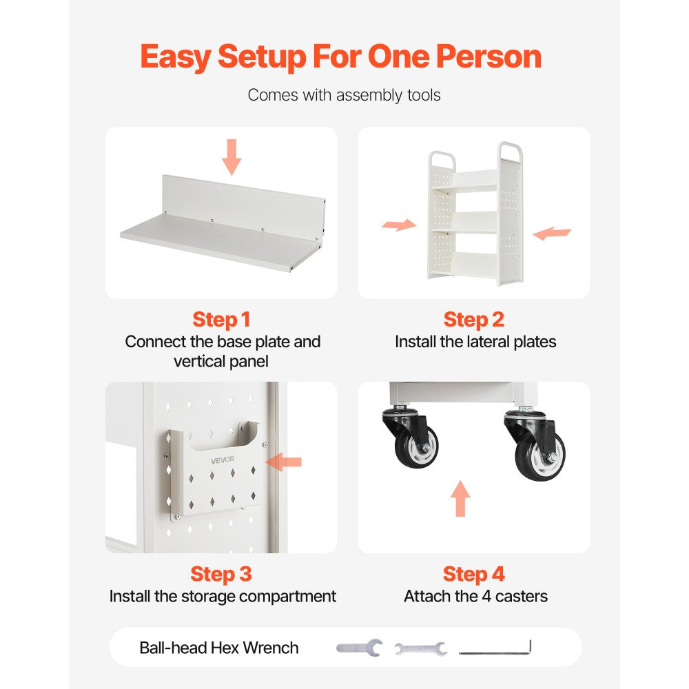 3-Tier Rolling Book Cart Single Sided V-Shaped Shelves Book Truck in White