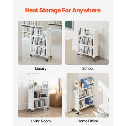 3-Tier Rolling Book Cart Single Sided V-Shaped Shelves Book Truck in White