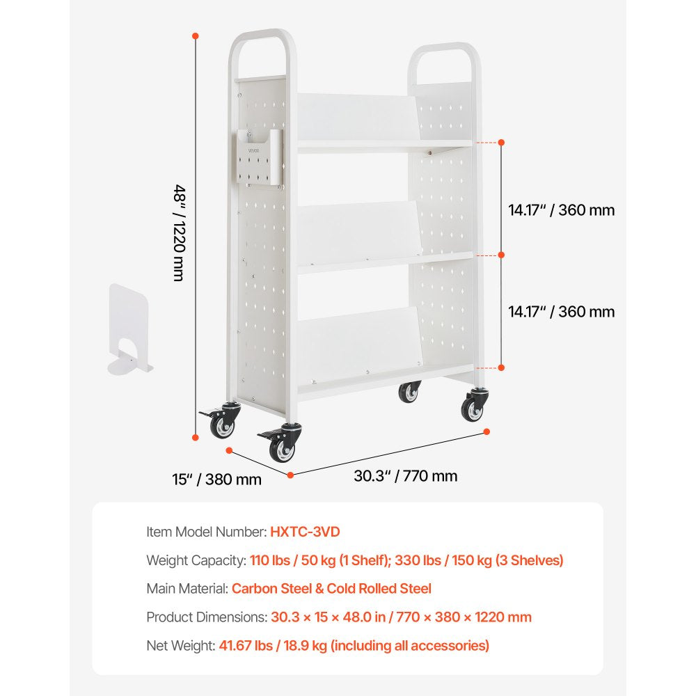 3-Tier Rolling Book Cart Single Sided V-Shaped Shelves Book Truck in White