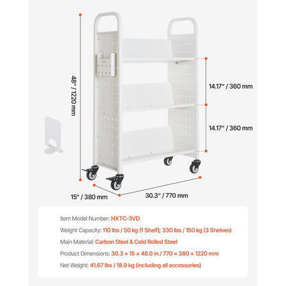 3-Tier Rolling Book Cart Single Sided V-Shaped Shelves Book Truck in White