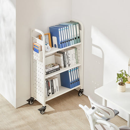 3-Tier Rolling Book Cart Single Sided V-Shaped Shelves Book Truck in White